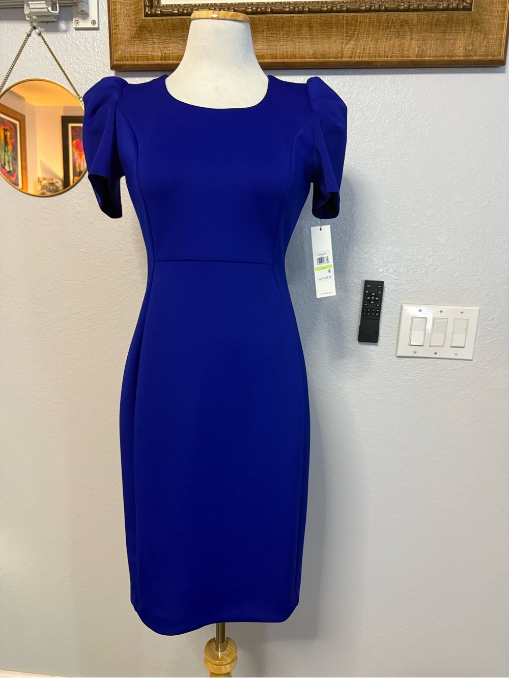 Calvin Klein Cobalt Blue Midi Sheath Dress with Puff Shoulders